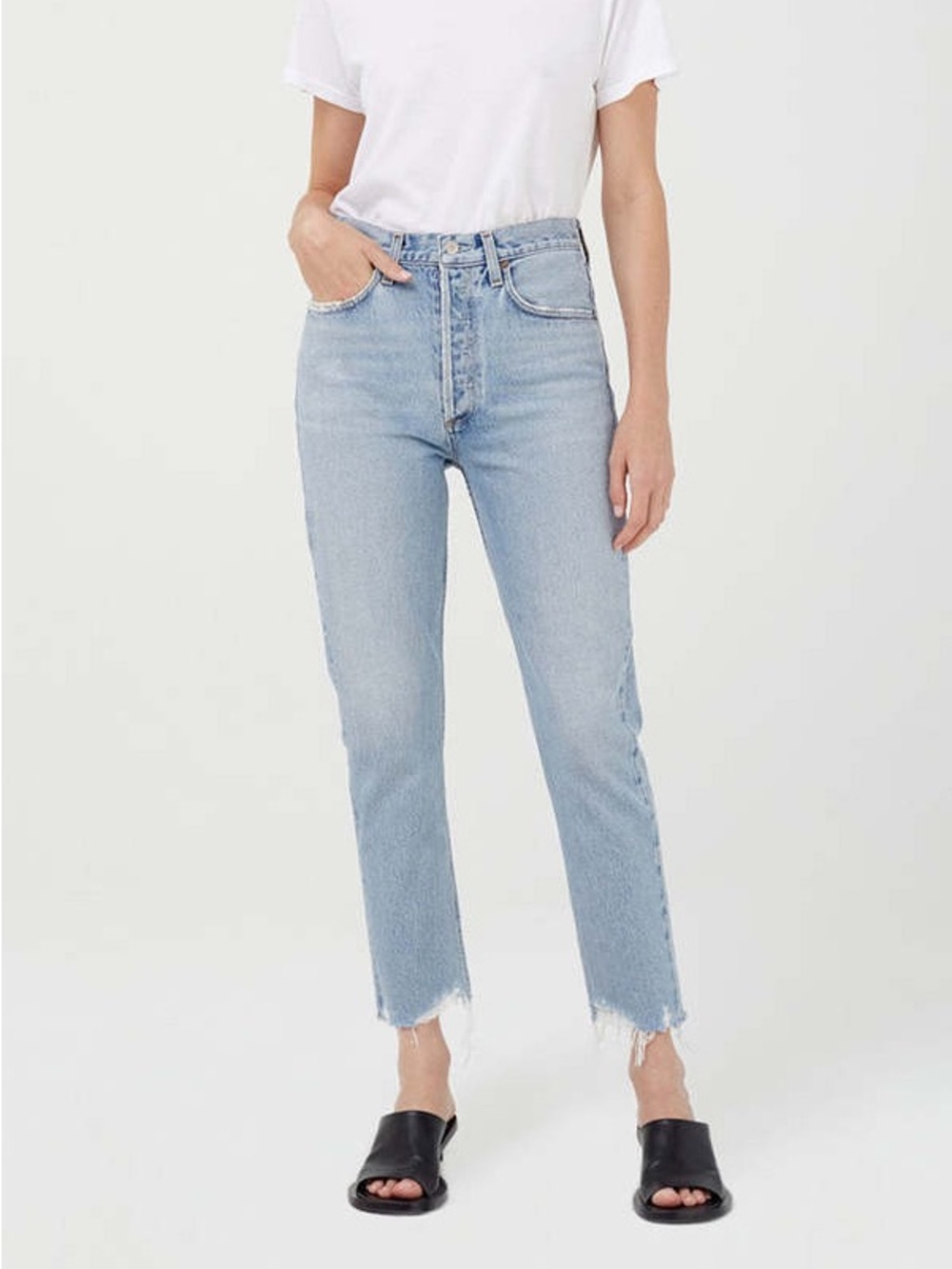 AGOLDE Riley Hi Rise Crop Curio Light Wash Raw Hem Button Fly Womens Size 24